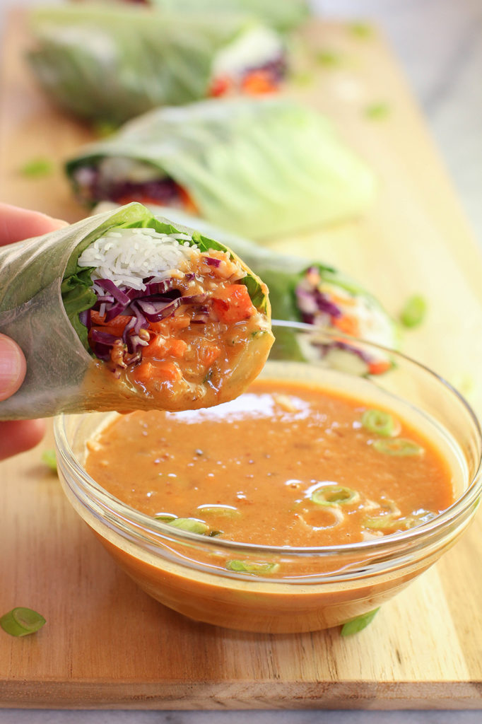 Veggie Spring Rolls With Spicy Peanut Dipping Sauce The Mostly Vegan